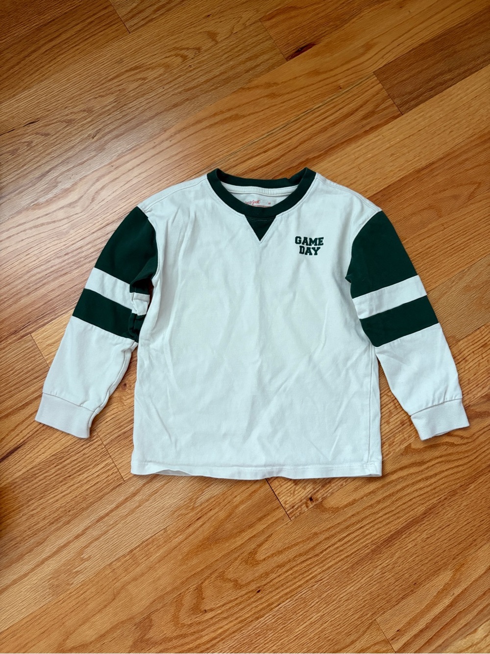 Cat & Jack White Long-Sleeve Tee with Dark Green Sleeves and Stripes